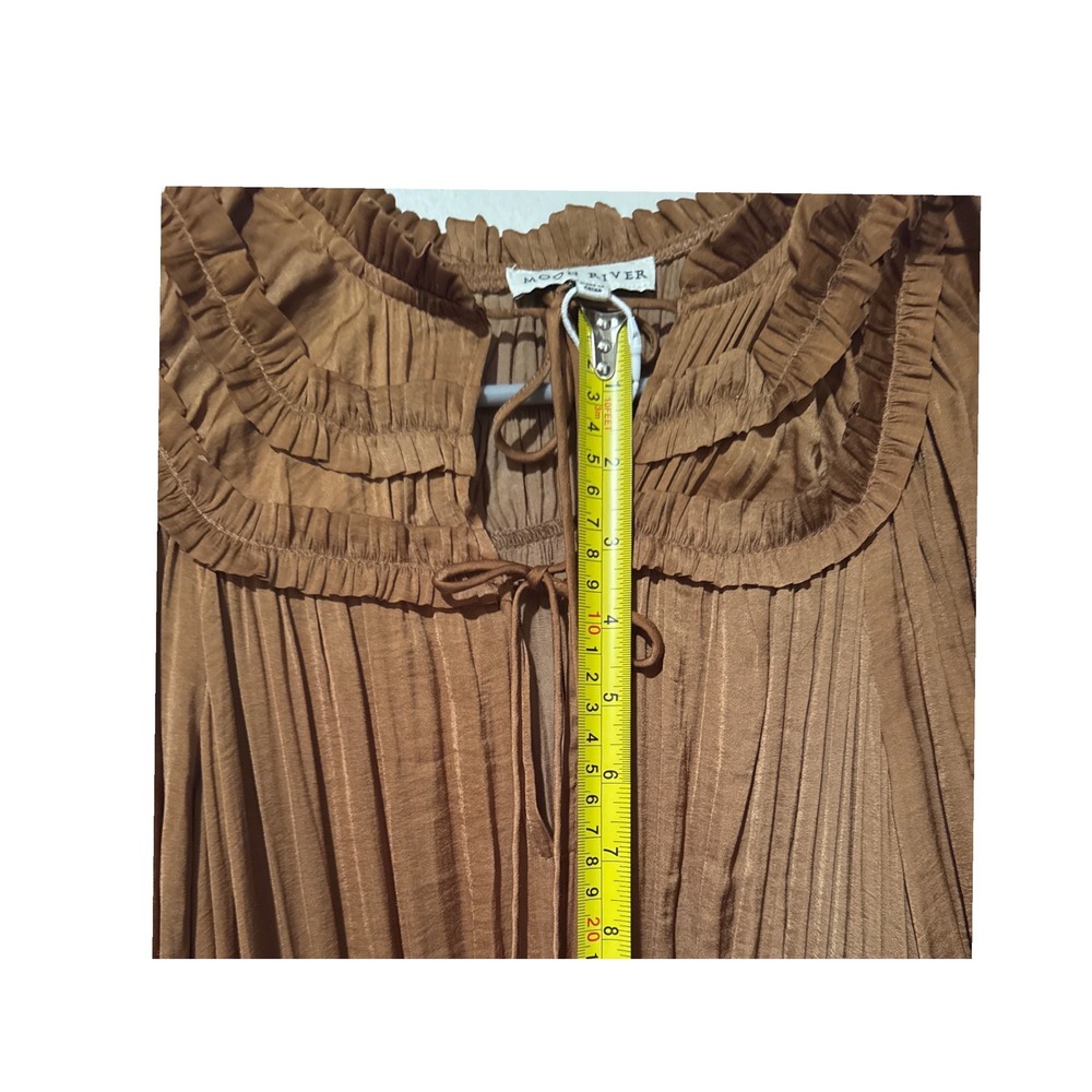 Moon River Copper Brown Crinkle Maxi Prairie Dress Ruffle Neck Smocked Cuff XS - Picture 10 of 12